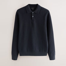 Load image into Gallery viewer, Navy Blue Texture Regular Fit Long Sleeve Knitted Polo Shirt