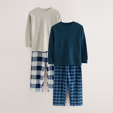 Load image into Gallery viewer, Blue/Grey Long Sleeve Woven Check Pyjamas 2 Pack (5-12yrs)