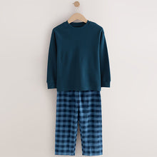Load image into Gallery viewer, Blue/Grey Long Sleeve Woven Check Pyjamas 2 Pack (5-12yrs)