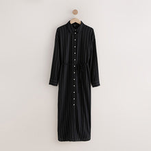 Load image into Gallery viewer, Black Pinstripe Long Sleeve Tie Waist Shirt Dress
