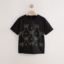 Load image into Gallery viewer, Black Embelished Bow Crew Neck T-Shirt