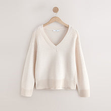 Load image into Gallery viewer, Ecru Ribbed V-Neck Knitted Jumper