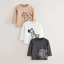 Load image into Gallery viewer, Tan/White/Black Safari Long Sleeve Graphic Print T-Shirts 3 Pack (3mths-6yrs)