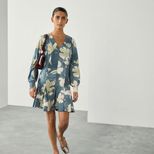 Load image into Gallery viewer, Blue/Ecru Floral Long Sleeve A-Line Mini Dress
