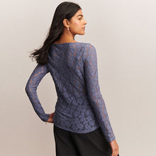 Load image into Gallery viewer, Blue Long Sleeve Slash Neck Lace Top
