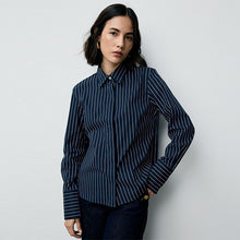 Load image into Gallery viewer, Navy Blue Stripe Fitted Stretch Essential Long Sleeve Shirt