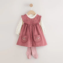 Load image into Gallery viewer, Pink Embroidered Baby Cord Pinafore Long Sleeve Bodysuit & Tights Set (0-18mths)