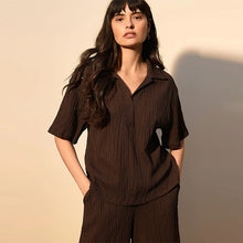 Load image into Gallery viewer, Chocolate Brown Short Sleeved Textured Boxy Polo Top