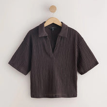 Load image into Gallery viewer, Chocolate Brown Short Sleeved Textured Boxy Polo Top