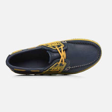 Load image into Gallery viewer, Men's Boat Shoes Navy and Yellow Leather