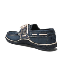Load image into Gallery viewer, Men's boat shoes navy leather and beige