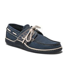 Load image into Gallery viewer, Men's boat shoes navy leather and beige