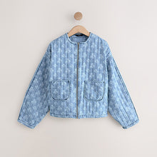 Load image into Gallery viewer, Blue Quilted Floral Print Denim Jacket