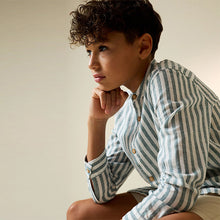 Load image into Gallery viewer, Green/Ecru Stripe Grandad Collar Linen Mix Long Sleeve Shirt (3-12yrs)