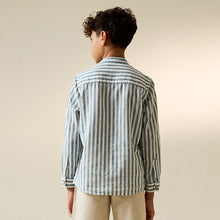 Load image into Gallery viewer, Green/Ecru Stripe Grandad Collar Linen Mix Long Sleeve Shirt (3-12yrs)