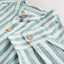 Load image into Gallery viewer, Green/Ecru Stripe Grandad Collar Linen Mix Long Sleeve Shirt (3-12yrs)