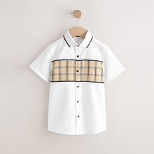 Load image into Gallery viewer, White Check Splice Short Sleeve Smart Shirt (3-12yrs)