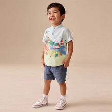 Load image into Gallery viewer, Blue Seaside Scene Short Sleeve Grandad Collar Printed Shirt (6mths-6yrs)