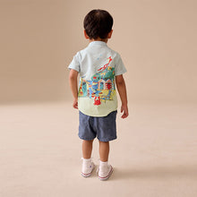 Load image into Gallery viewer, Blue Seaside Scene Short Sleeve Grandad Collar Printed Shirt (6mths-6yrs)