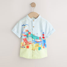 Load image into Gallery viewer, Blue Seaside Scene Short Sleeve Grandad Collar Printed Shirt (6mths-6yrs)