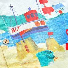 Load image into Gallery viewer, Blue Seaside Scene Short Sleeve Grandad Collar Printed Shirt (6mths-6yrs)