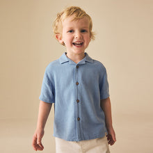 Load image into Gallery viewer, Blue Short Sleeves Linen Blend Revere Collar Shirt (3mths-6yrs)