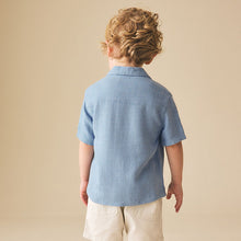 Load image into Gallery viewer, Blue Short Sleeves Linen Blend Revere Collar Shirt (3mths-6yrs)