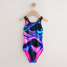 Load image into Gallery viewer, Black/Pink/Purple Swirl Double Strap Swimsuit (4-12yrs)