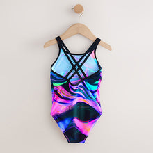 Load image into Gallery viewer, Black/Pink/Purple Swirl Double Strap Swimsuit (4-12yrs)