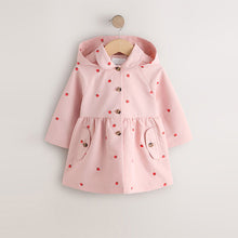 Load image into Gallery viewer, Pink Strawberry Embroidery Shower Resistant Skirted Coat (3mths-5yrs)