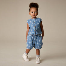Load image into Gallery viewer, Mid Blue Denim Polka Dot Waistcoat and Shorts Set (3mths-6yrs)