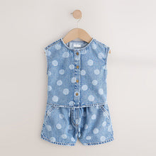 Load image into Gallery viewer, Mid Blue Denim Polka Dot Waistcoat and Shorts Set (3mths-6yrs)