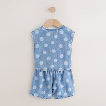 Load image into Gallery viewer, Mid Blue Denim Polka Dot Waistcoat and Shorts Set (3mths-6yrs)