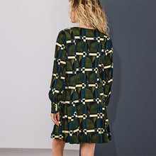 Load image into Gallery viewer, Green Geo Print Long Sleeve A-Line Mini Dress