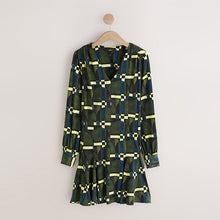 Load image into Gallery viewer, Green Geo Print Long Sleeve A-Line Mini Dress