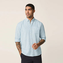 Load image into Gallery viewer, Light Blue Button Down Collar Cotton Linen Blend Long Sleeve Shirt