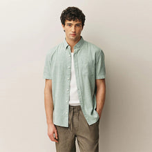Load image into Gallery viewer, Green Button Down Collar Cotton Linen Blend Short Sleeve Shirt