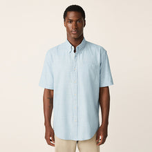 Load image into Gallery viewer, Blue Button Down Collar Cotton Linen Blend Short Sleeve Shirt
