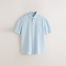 Load image into Gallery viewer, Blue Button Down Collar Cotton Linen Blend Short Sleeve Shirt