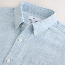 Load image into Gallery viewer, Blue Button Down Collar Cotton Linen Blend Short Sleeve Shirt
