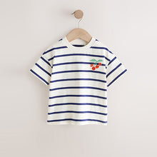 Load image into Gallery viewer, Ecru/Navy Stripe Cherry Short Sleeve Embroidered T-Shirt (3mths-6yrs)