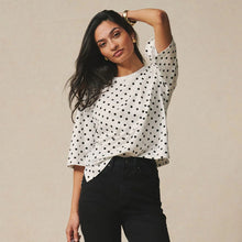 Load image into Gallery viewer, White/Black Polka Dot Relaxed Boxy Elbow Length Crew Neck T-Shirt