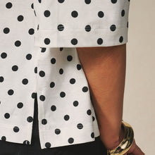 Load image into Gallery viewer, White/Black Polka Dot Relaxed Boxy Elbow Length Crew Neck T-Shirt