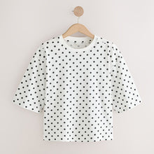 Load image into Gallery viewer, White/Black Polka Dot Relaxed Boxy Elbow Length Crew Neck T-Shirt