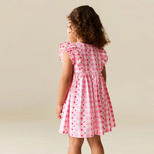 Load image into Gallery viewer, Pink Gingham Cherry Double Ruffle Sleeve Dress (3mths-6yrs)