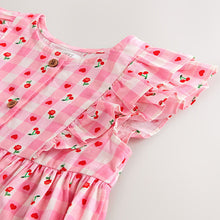 Load image into Gallery viewer, Pink Gingham Cherry Double Ruffle Sleeve Dress (3mths-6yrs)