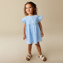 Load image into Gallery viewer, Blue Gingham Ric Rac Frill Sleeve Dress (3mths-6yrs)