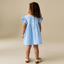 Load image into Gallery viewer, Blue Gingham Ric Rac Frill Sleeve Dress (3mths-6yrs)