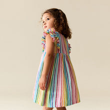 Load image into Gallery viewer, Rainbow Stripe Double Ruffle Sleeve Dress (3mths-6yrs)