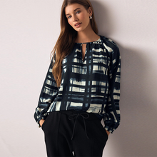 Load image into Gallery viewer, Navy Blue/Ecru Check Keyhole Detail Relaxed Long Sleeve Blouse